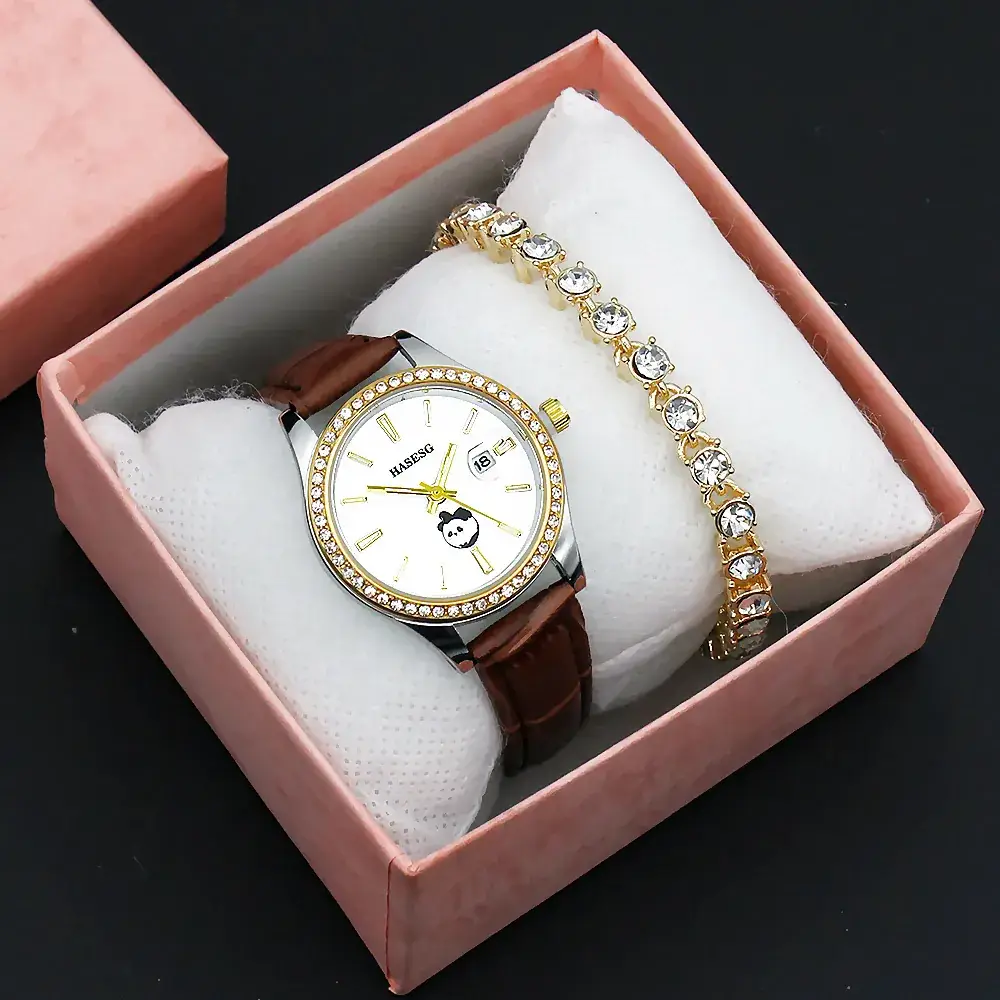 Women's Gold Crystal Bracelet Watch Set with Blue Strap - Image 8