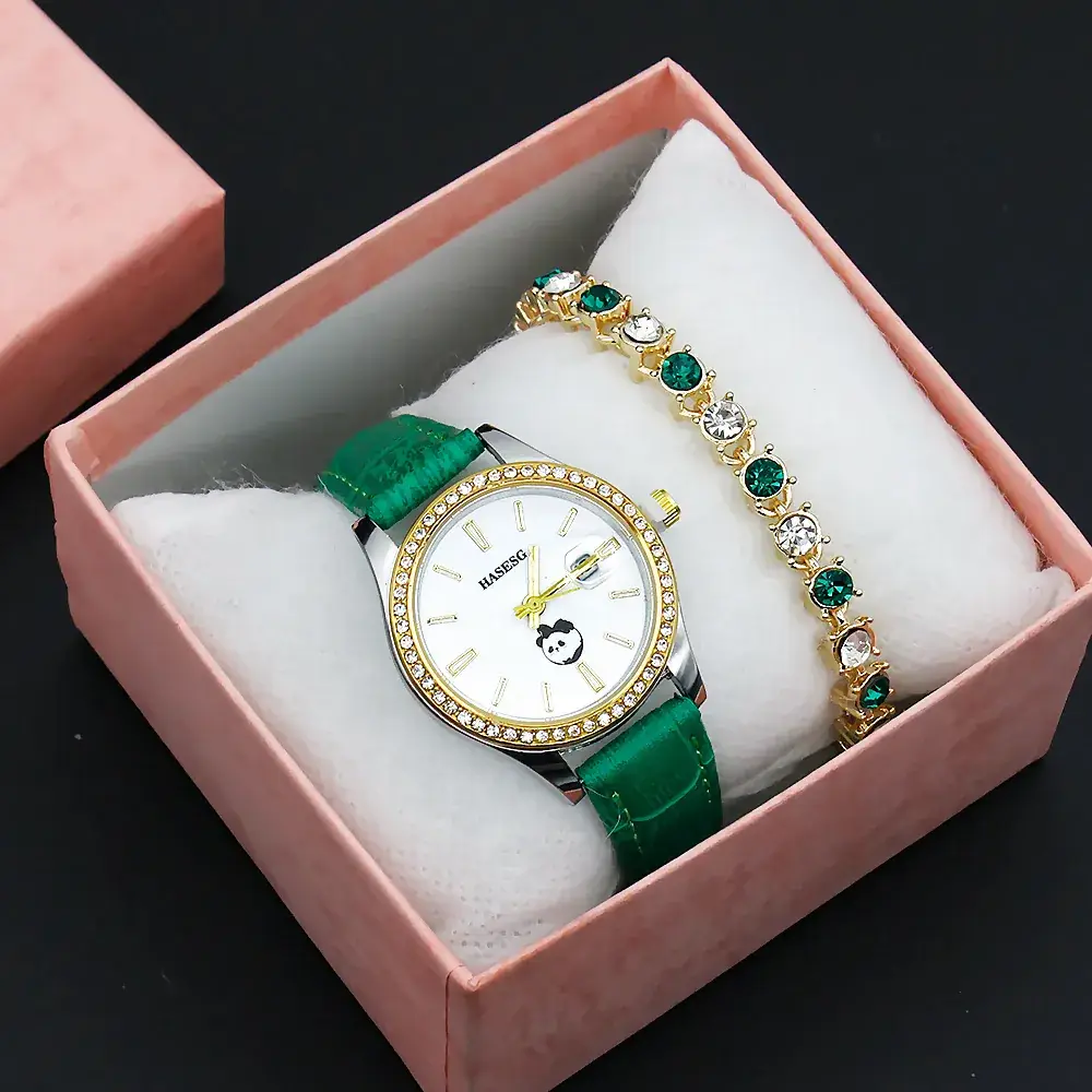 Women's Gold Crystal Bracelet Watch Set with Blue Strap - Image 9