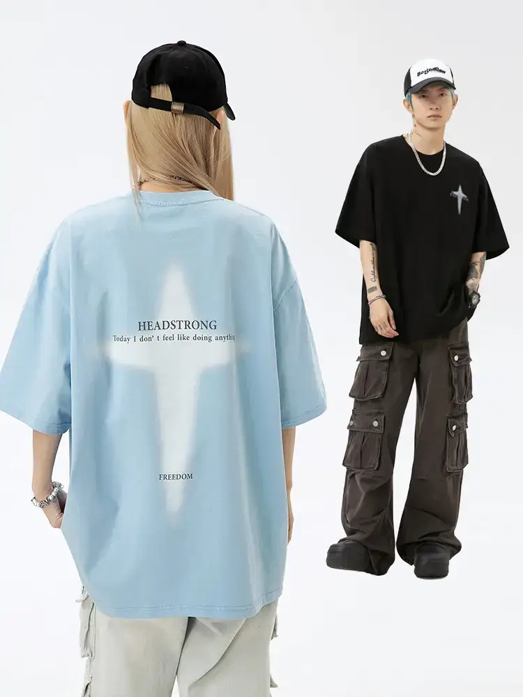 Korean Lu Men's Black Star Printed T-Shirt - Image 4
