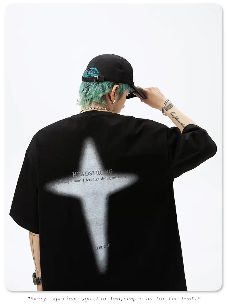 Korean Lu Men's Black Star Printed T-Shirt — feature 23