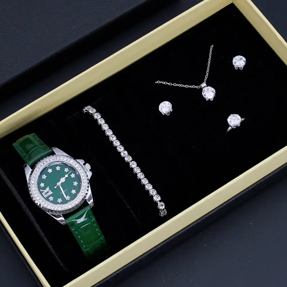 Women's Red Crystal Watch Set with Red Leather Strap - Image 2