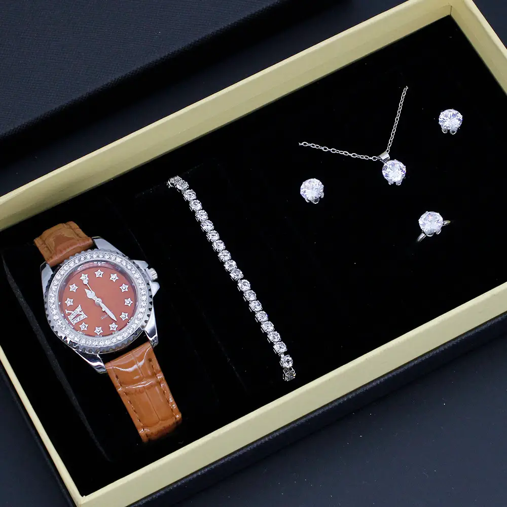 Women's Red Crystal Watch Set with Red Leather Strap — feature 4