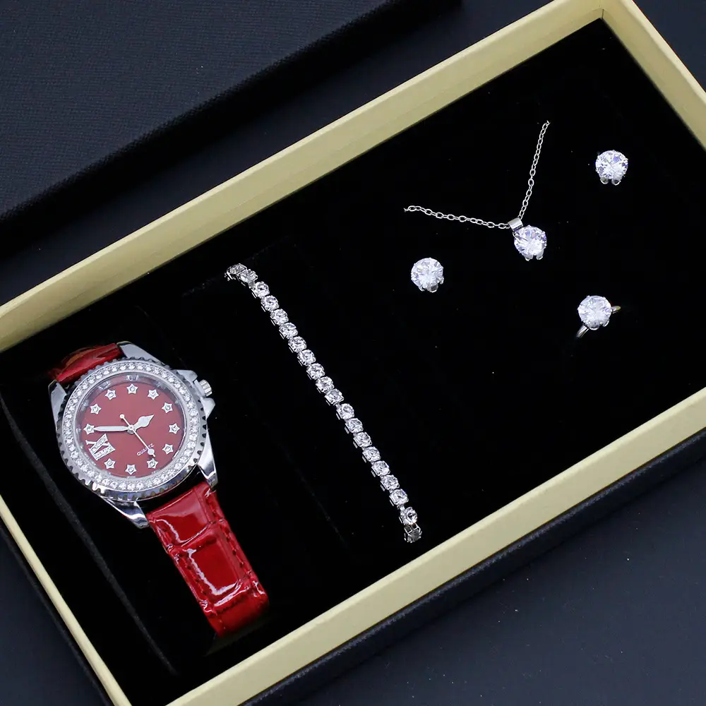Women's Red Crystal Watch Set with Red Leather Strap — feature 7