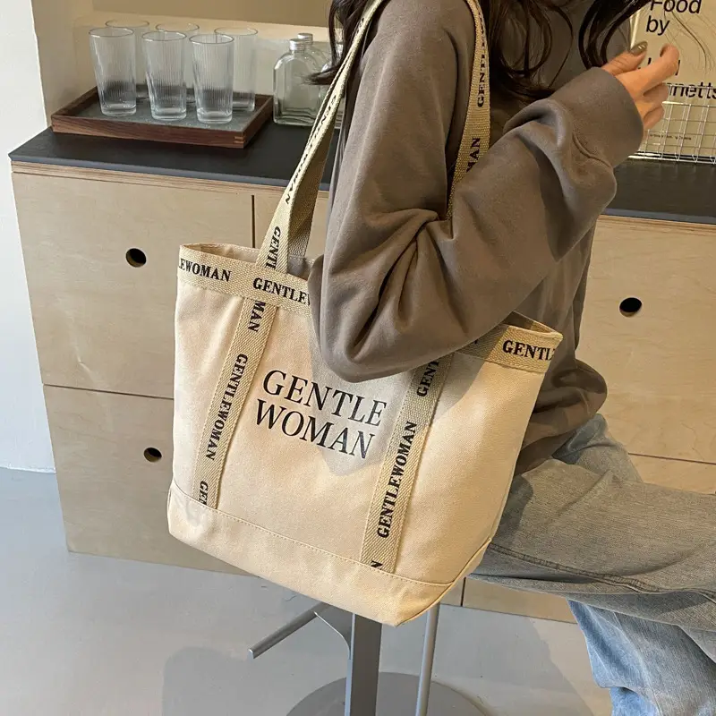 Canvas Printed Letter Shoulder Bag Large Capacity Yellow - Image 7