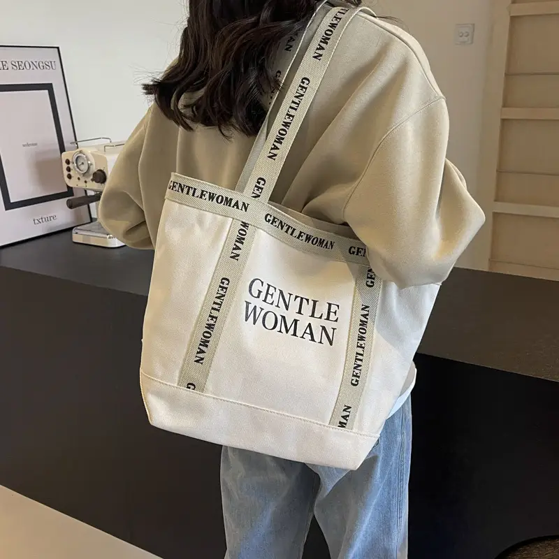 Canvas Printed Letter Shoulder Bag Large Capacity Yellow - Image 8