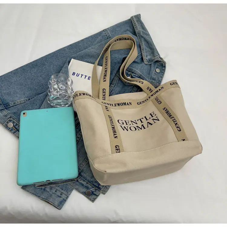 Canvas Printed Letter Shoulder Bag Large Capacity Yellow — feature 35
