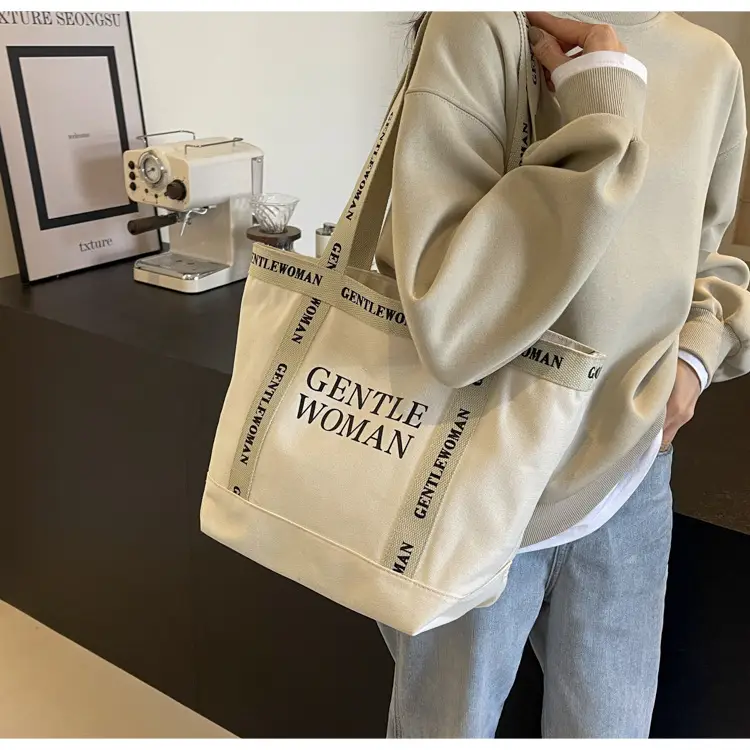 Canvas Printed Letter Shoulder Bag Large Capacity Yellow — feature 46