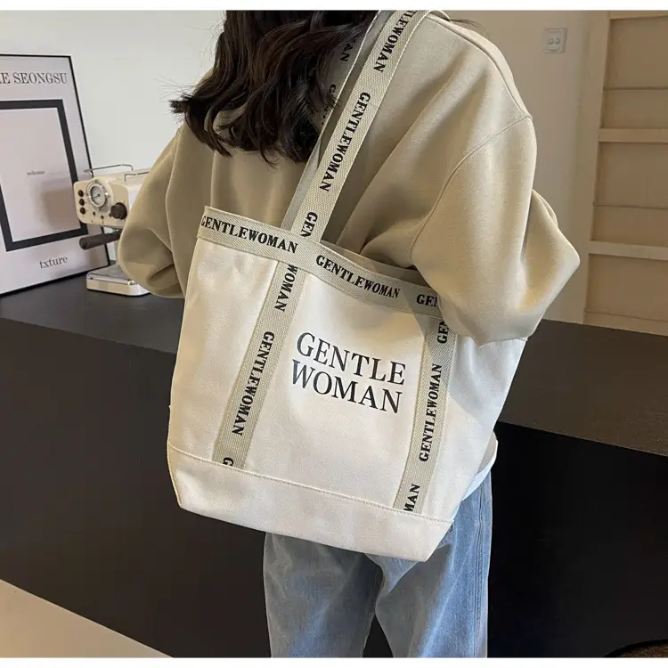 Canvas Printed Letter Shoulder Bag Large Capacity Yellow — feature 47