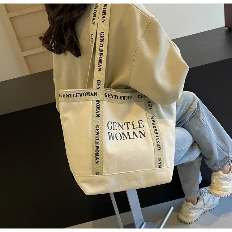 Canvas Printed Letter Shoulder Bag Large Capacity Yellow — feature 48
