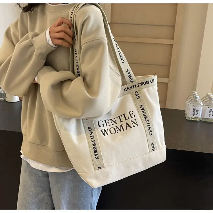 Canvas Printed Letter Shoulder Bag Large Capacity Yellow — feature 49