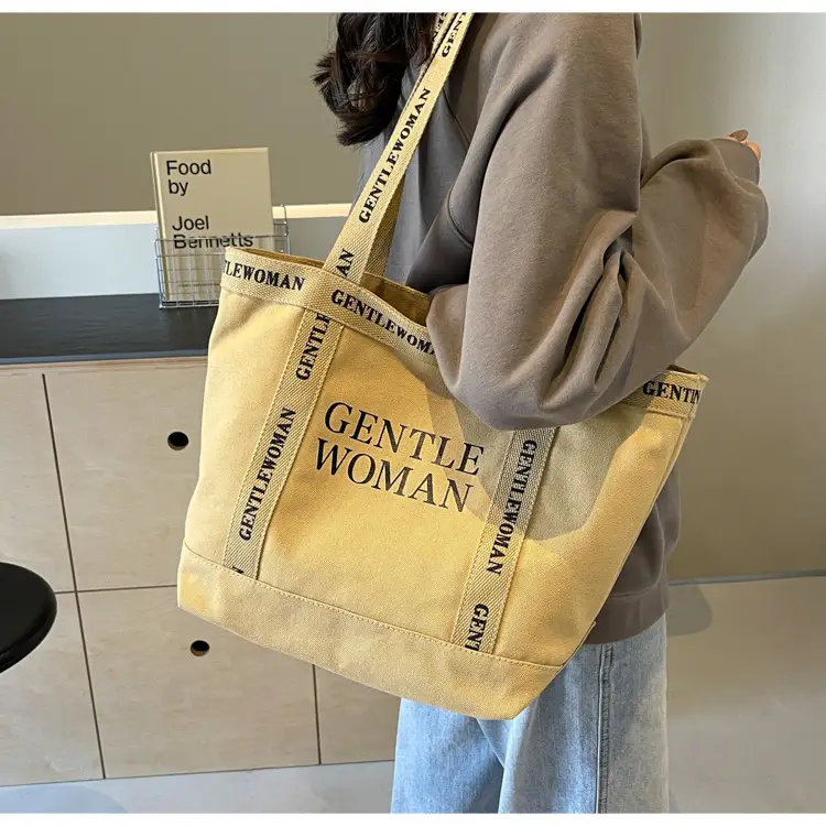 Canvas Printed Letter Shoulder Bag Large Capacity Yellow — feature 69