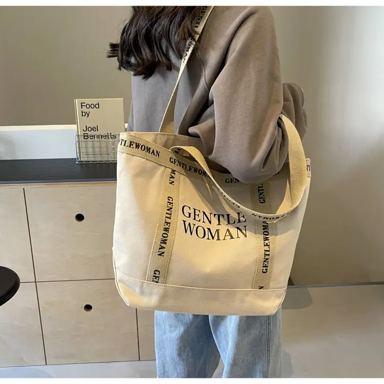 Canvas Printed Letter Shoulder Bag Large Capacity Yellow — feature 73
