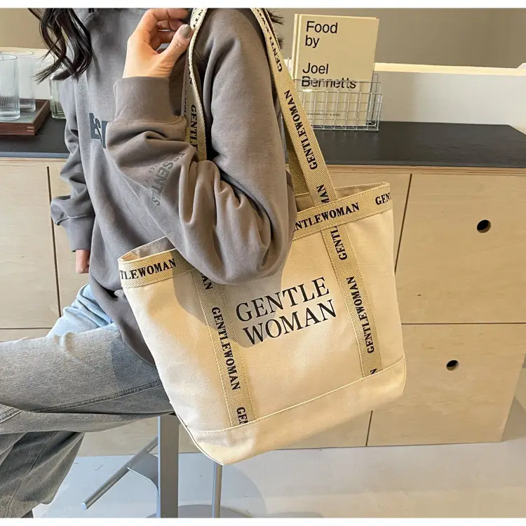 Canvas Printed Letter Shoulder Bag Large Capacity Yellow — feature 74