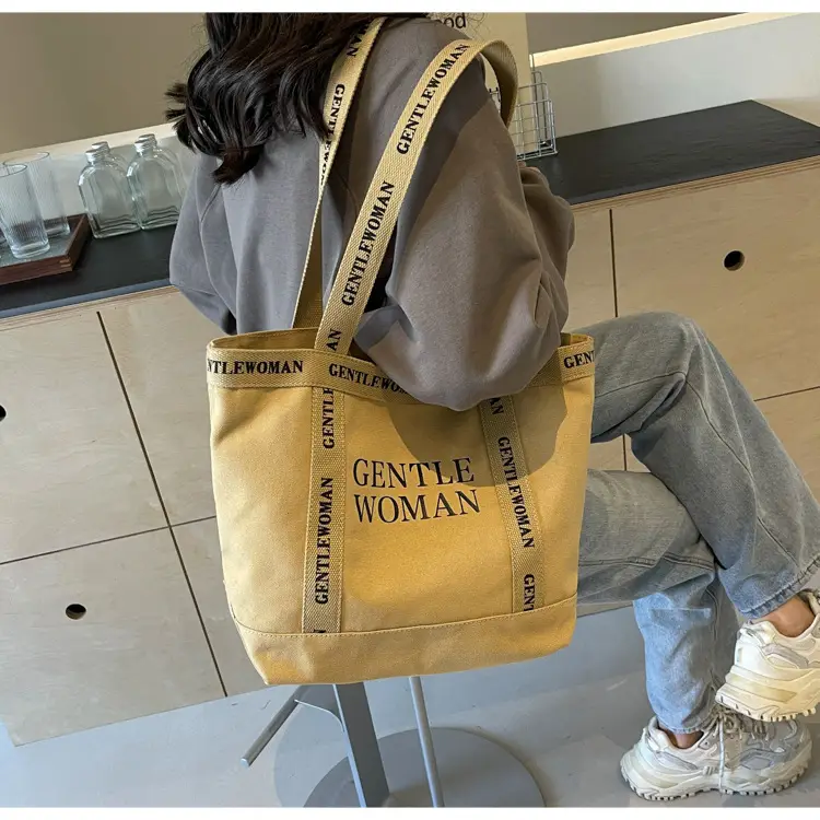 Canvas Printed Letter Shoulder Bag Large Capacity Yellow — feature 76