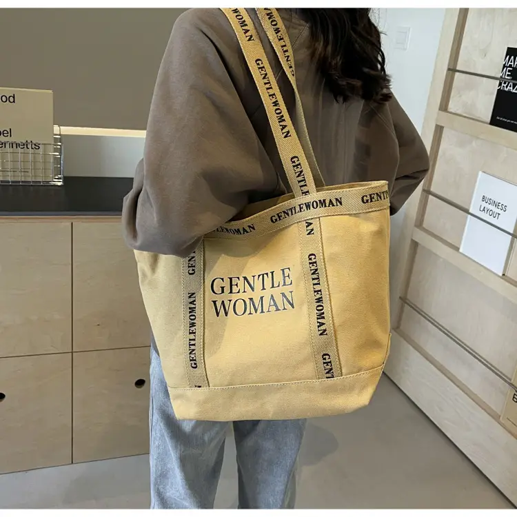 Canvas Printed Letter Shoulder Bag Large Capacity Yellow — feature 77