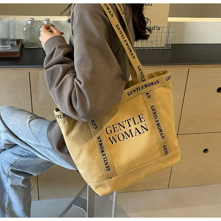 Canvas Printed Letter Shoulder Bag Large Capacity Yellow — feature 78