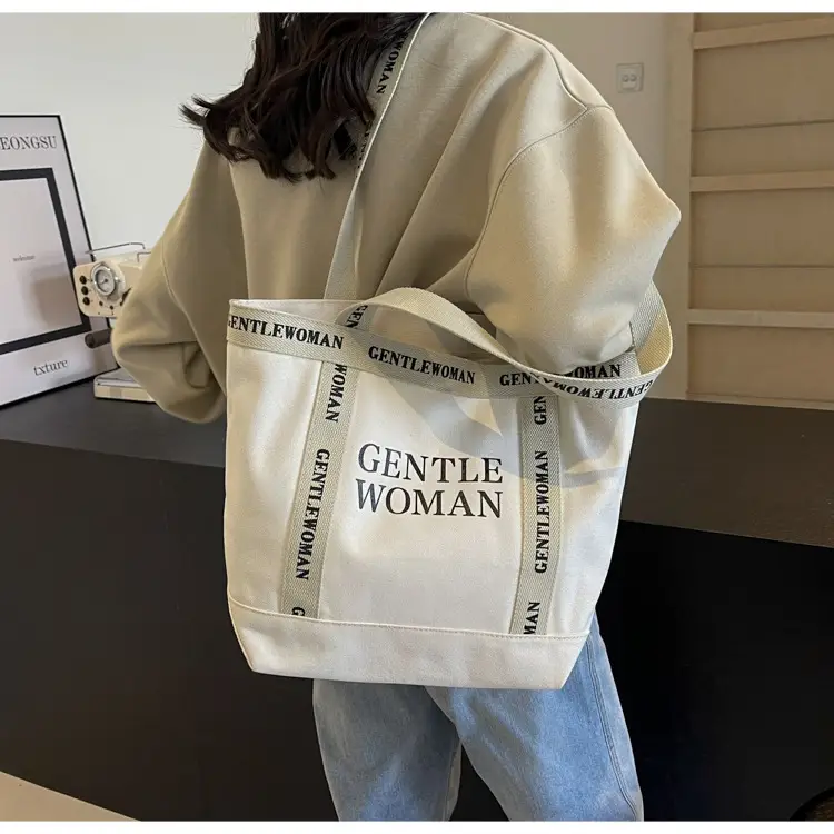 Canvas Printed Letter Shoulder Bag Large Capacity Yellow - Image 2