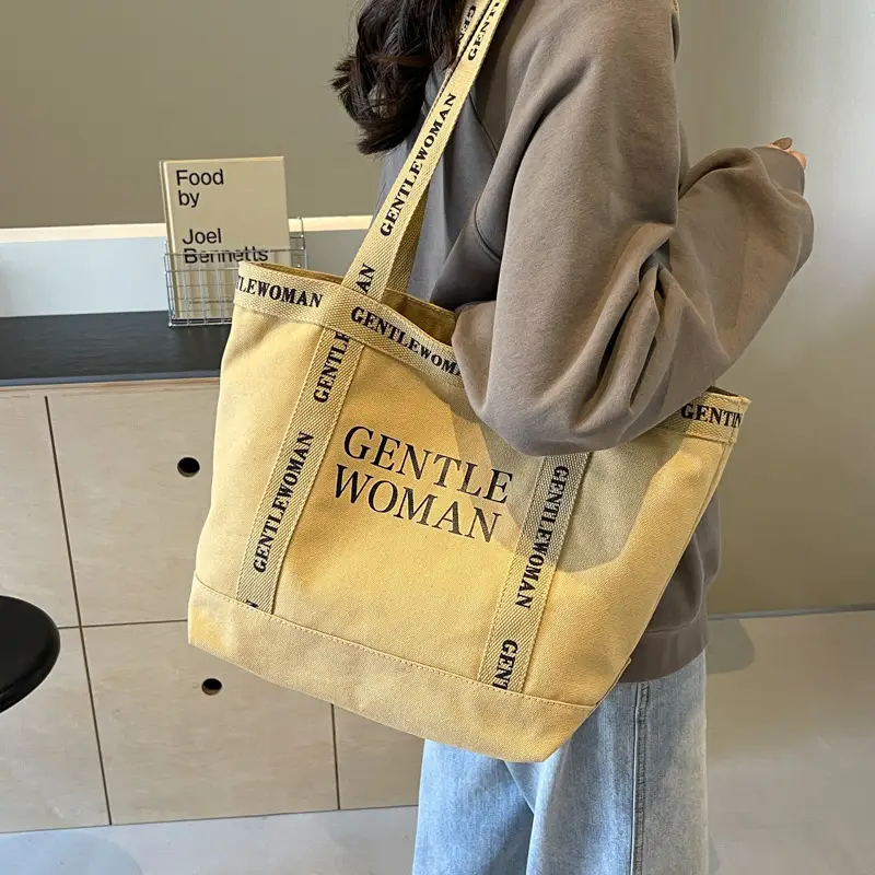 Canvas Printed Letter Shoulder Bag Large Capacity Yellow - Image 4