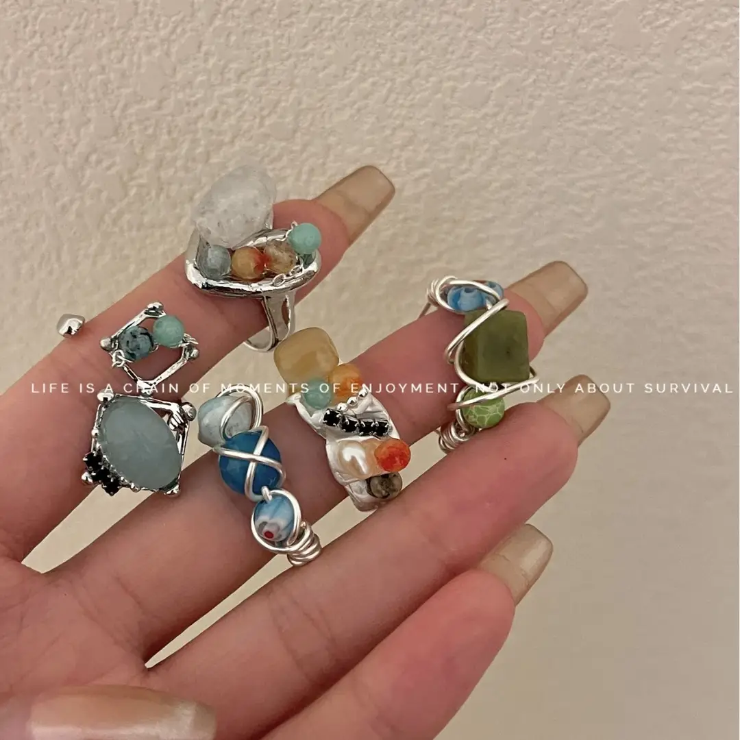 New Chinese style handmade beaded natural raw stone open stacked ring female ins All-match cold style colorful ring
