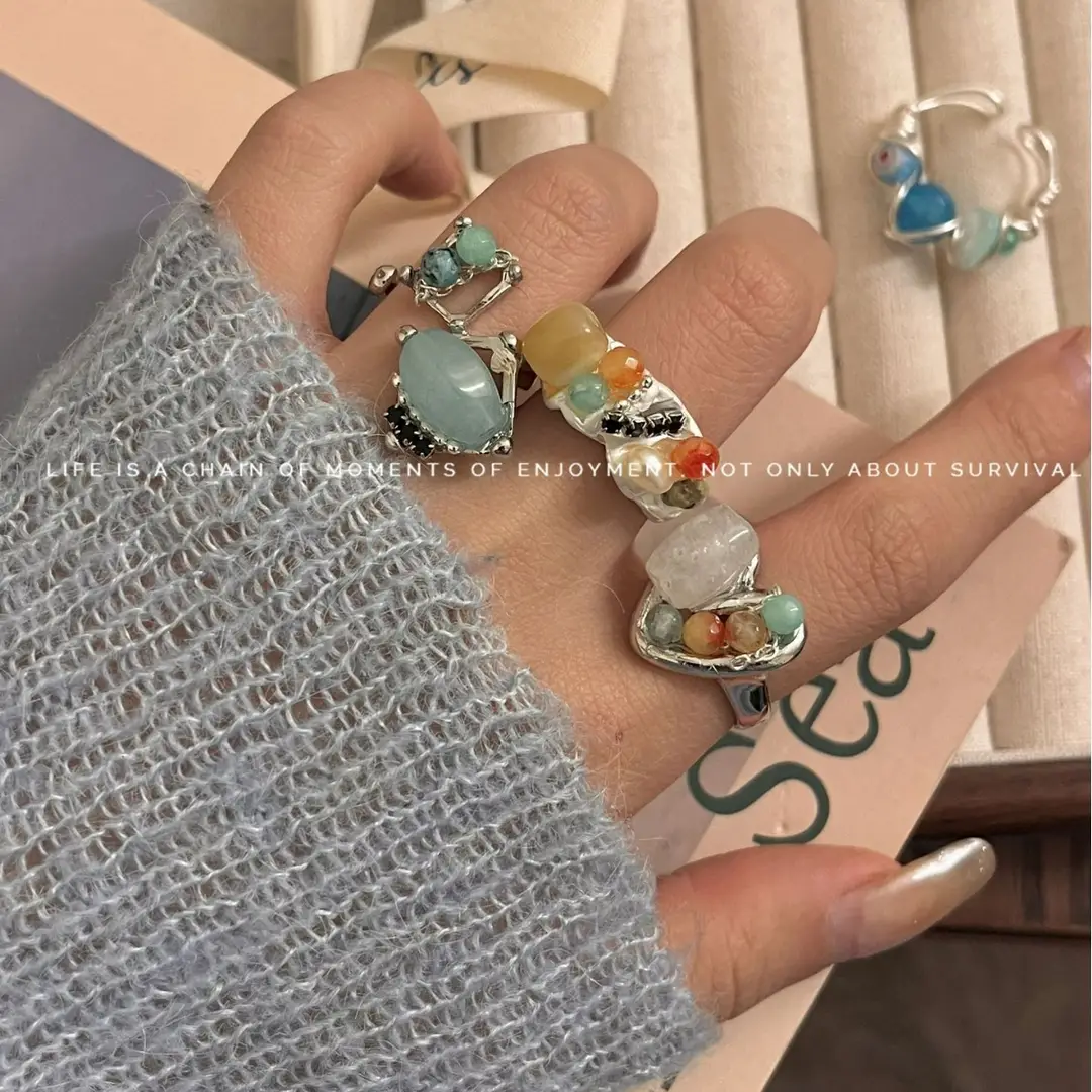 New Chinese style handmade beaded natural raw stone open stacked ring female ins All-match cold style colorful ring - Image 7