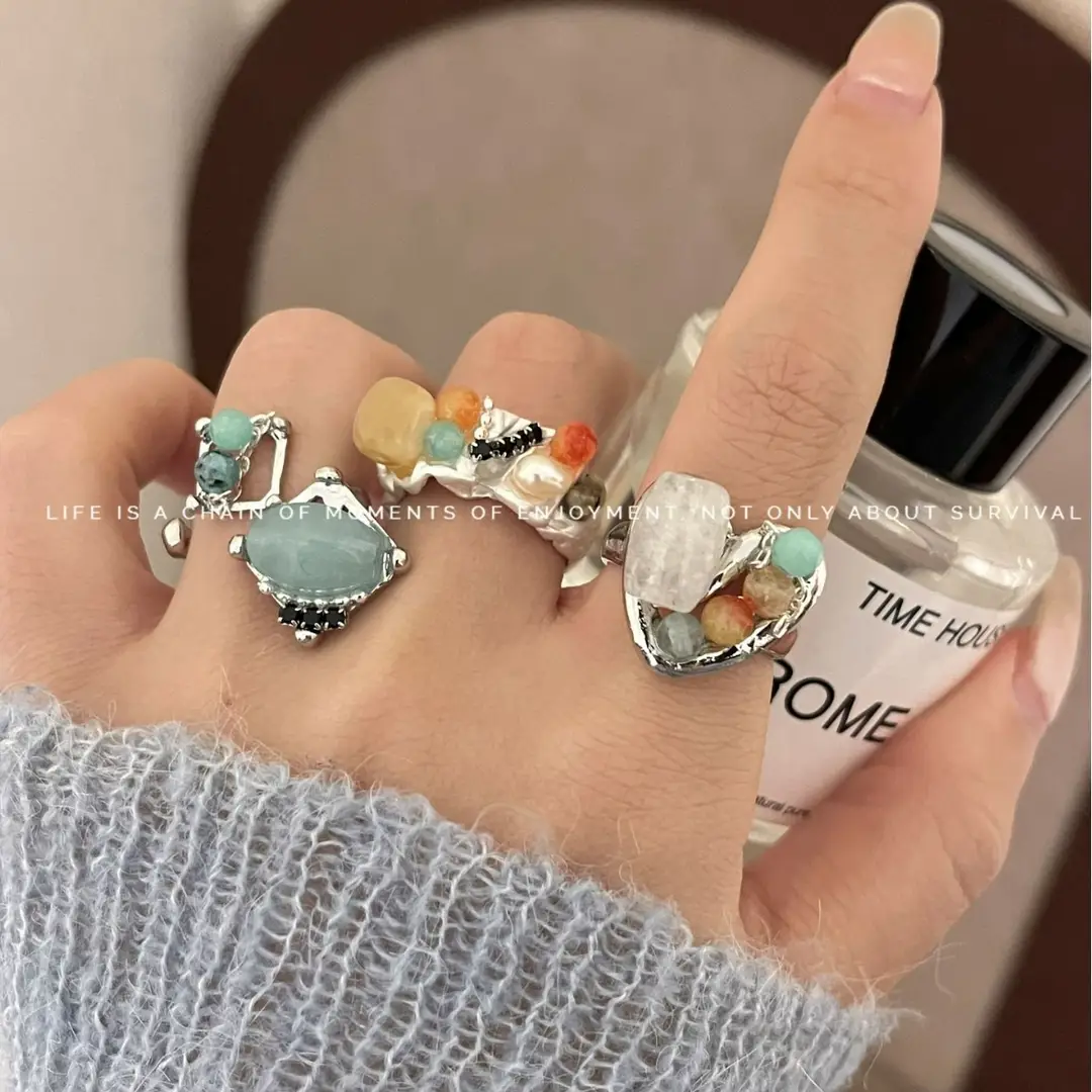 New Chinese style handmade beaded natural raw stone open stacked ring female ins All-match cold style colorful ring - Image 8