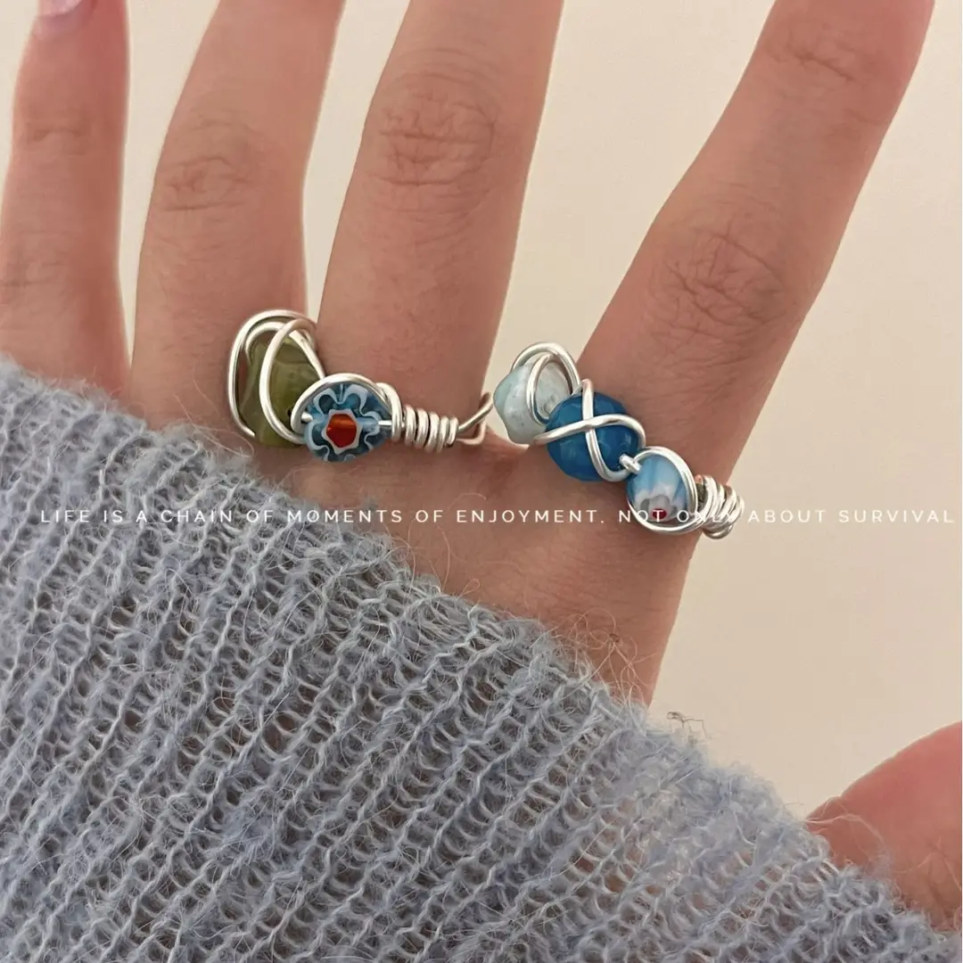 New Chinese style handmade beaded natural raw stone open stacked ring female ins All-match cold style colorful ring - Image 9