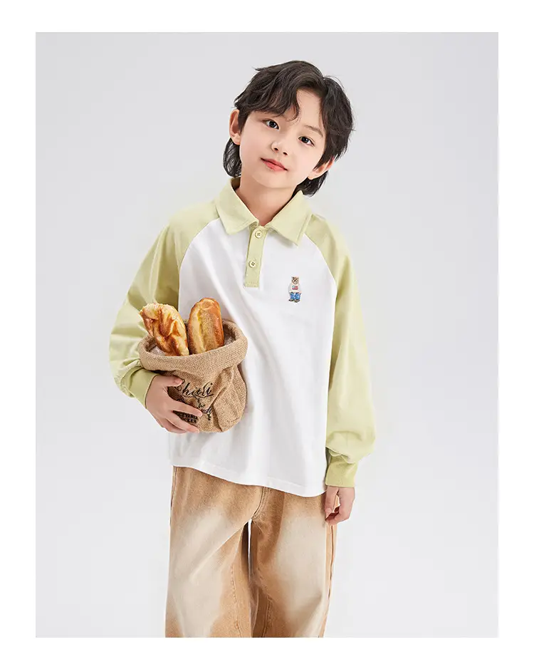 Boys Cotton Polo Shirt Long Sleeve White Green 2024 — feature 18