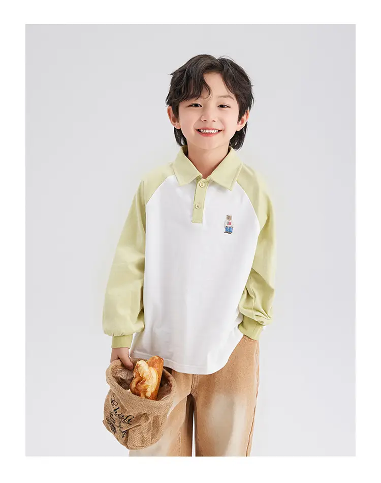 Boys Cotton Polo Shirt Long Sleeve White Green 2024 — feature 19