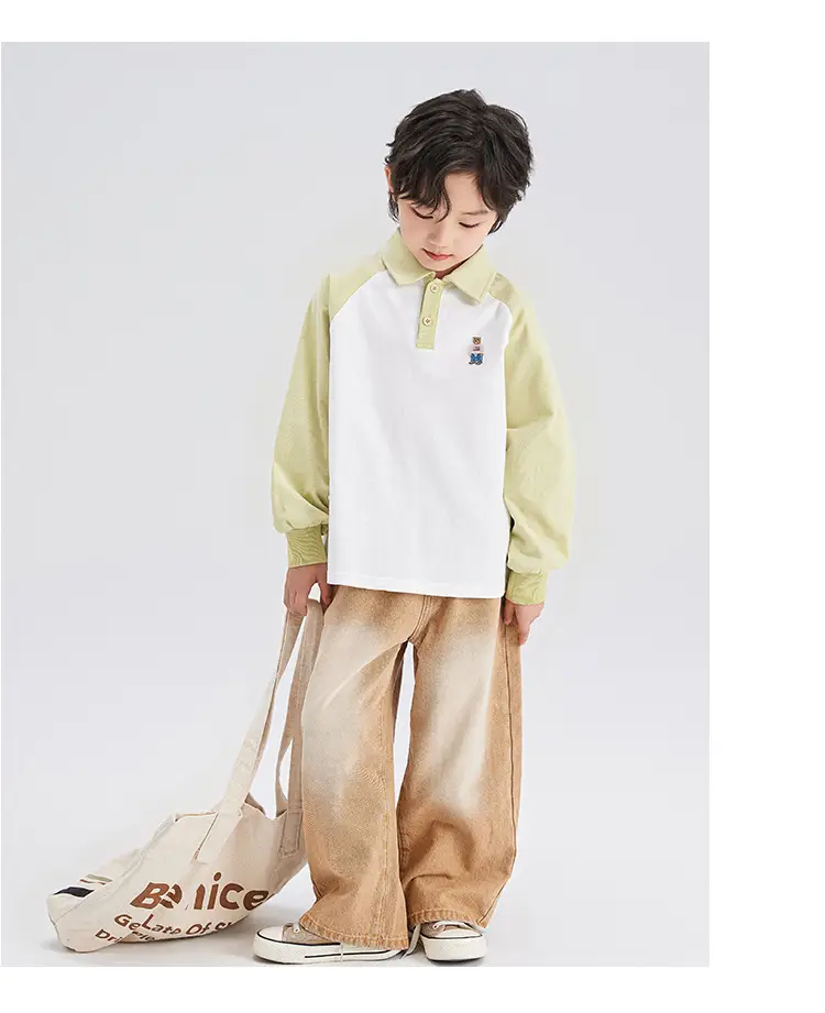 Boys Cotton Polo Shirt Long Sleeve White Green 2024 — feature 21