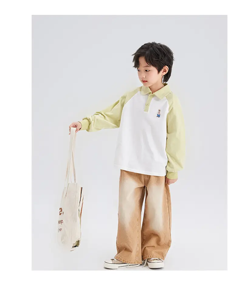 Boys Cotton Polo Shirt Long Sleeve White Green 2024 — feature 22
