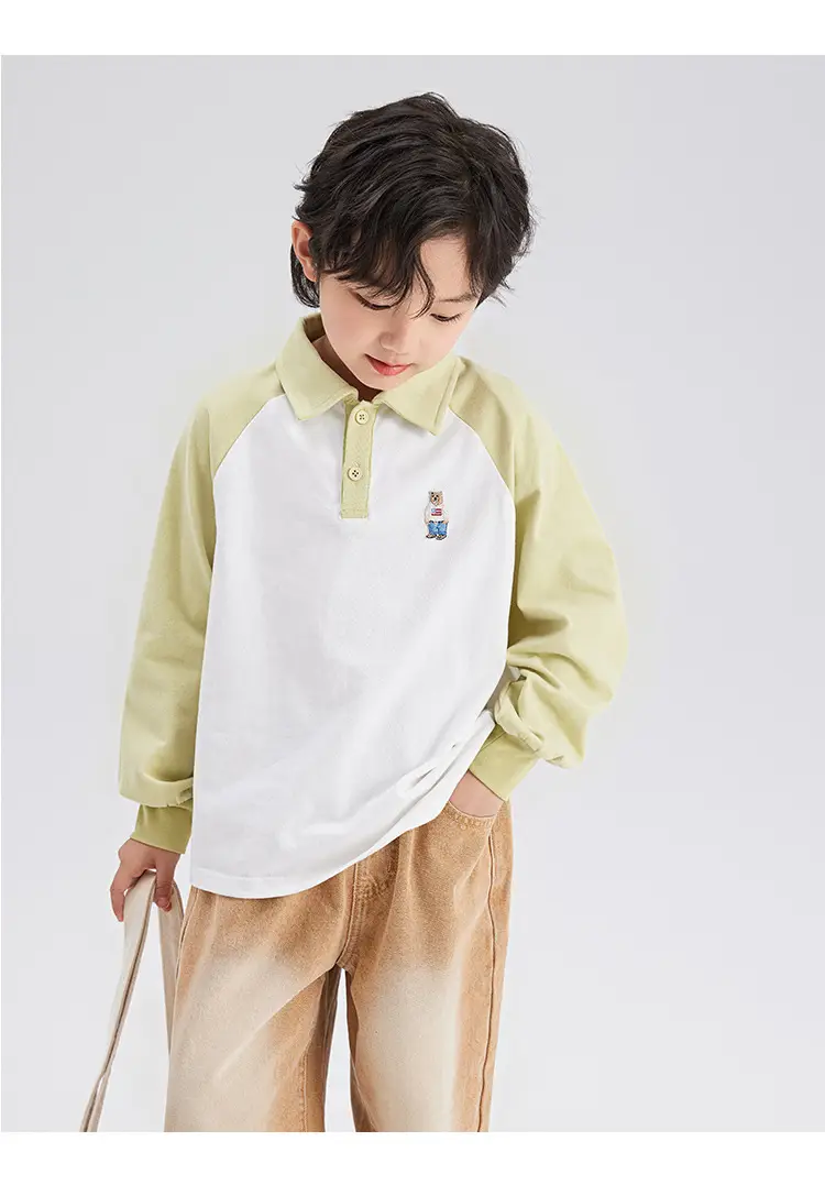Boys Cotton Polo Shirt Long Sleeve White Green 2024 — feature 23