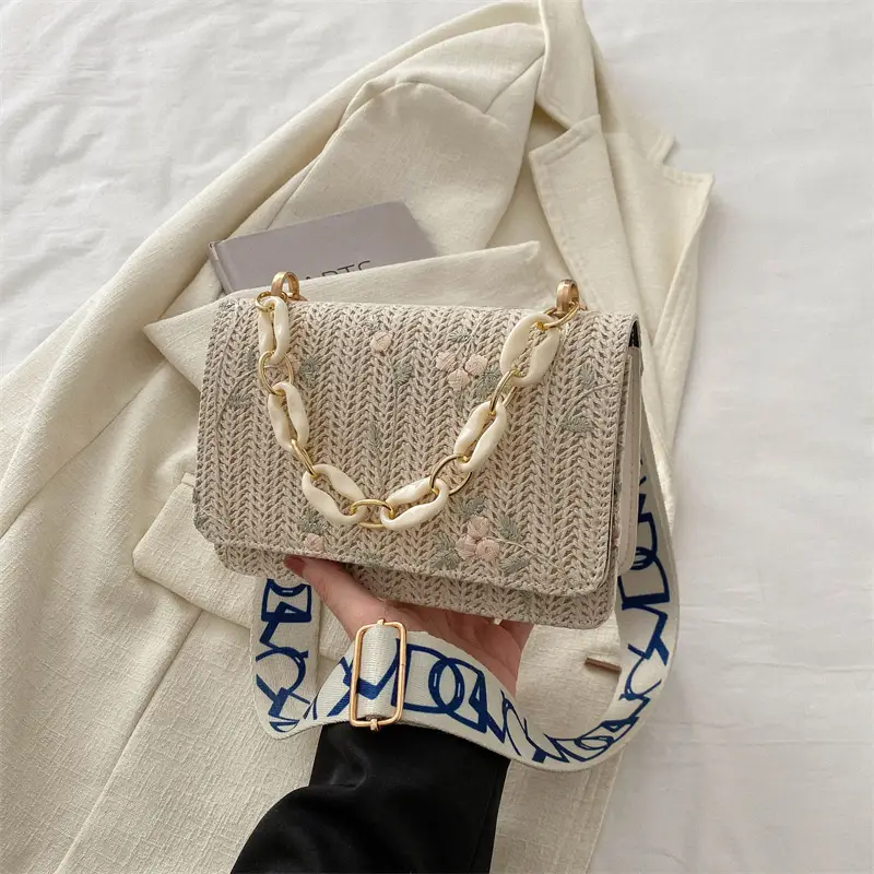 Women's Floral Woven Chain Bag Beige Gold Chain Shoulder Crossbody - Image 7