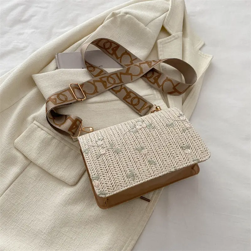 Women's Floral Woven Chain Bag Beige Gold Chain Shoulder Crossbody - Image 8