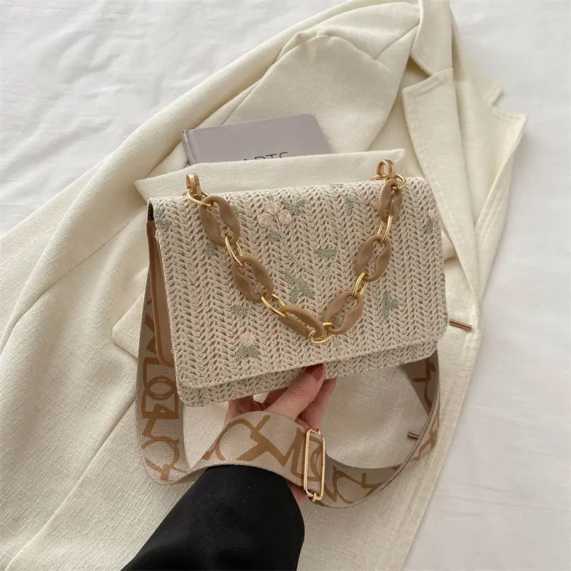 Women's Floral Woven Chain Bag Beige Gold Chain Shoulder Crossbody - Image 9