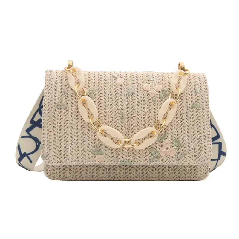 Women's Floral Woven Chain Bag Beige Gold Chain Shoulder Crossbody - Image 10