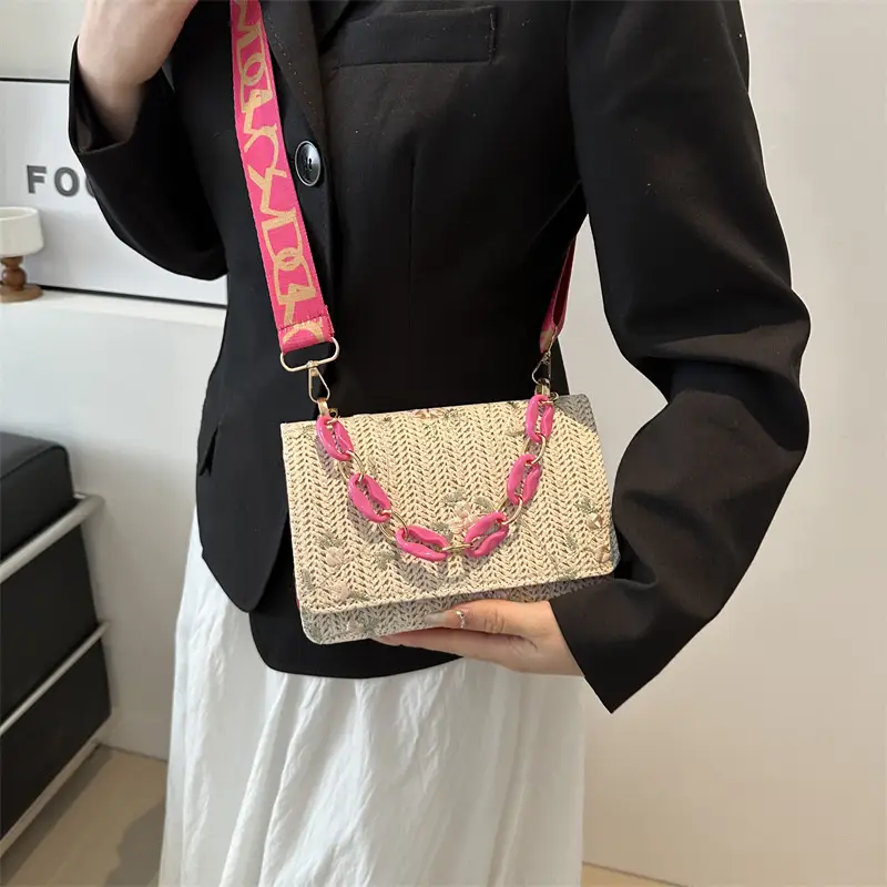 Women's Floral Woven Chain Bag Beige Gold Chain Shoulder Crossbody - Image 4