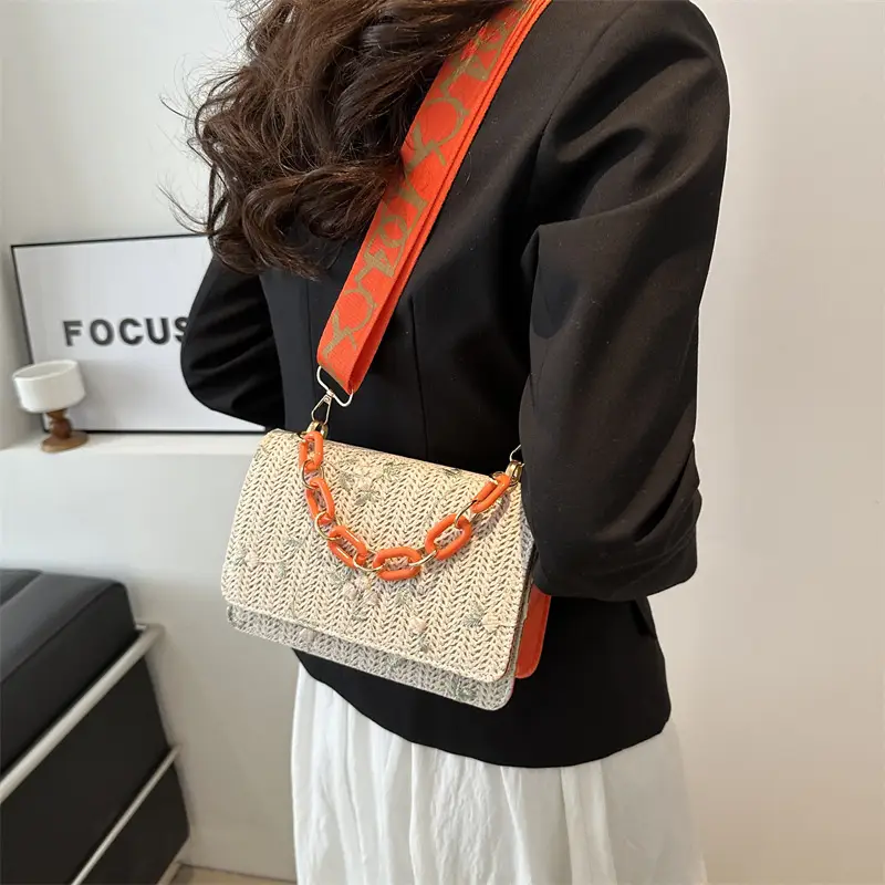 Women's Floral Woven Chain Bag Beige Gold Chain Shoulder Crossbody - Image 5