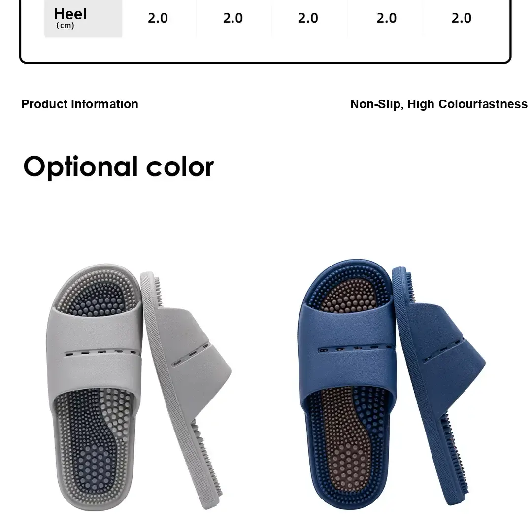 Lower row of size chart showing heel height, with grey and blue slipper views below.