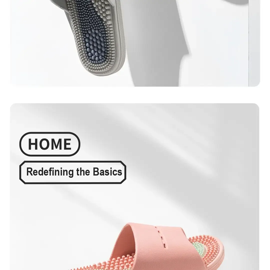 Pink textured slide slipper shown on a white display stand.