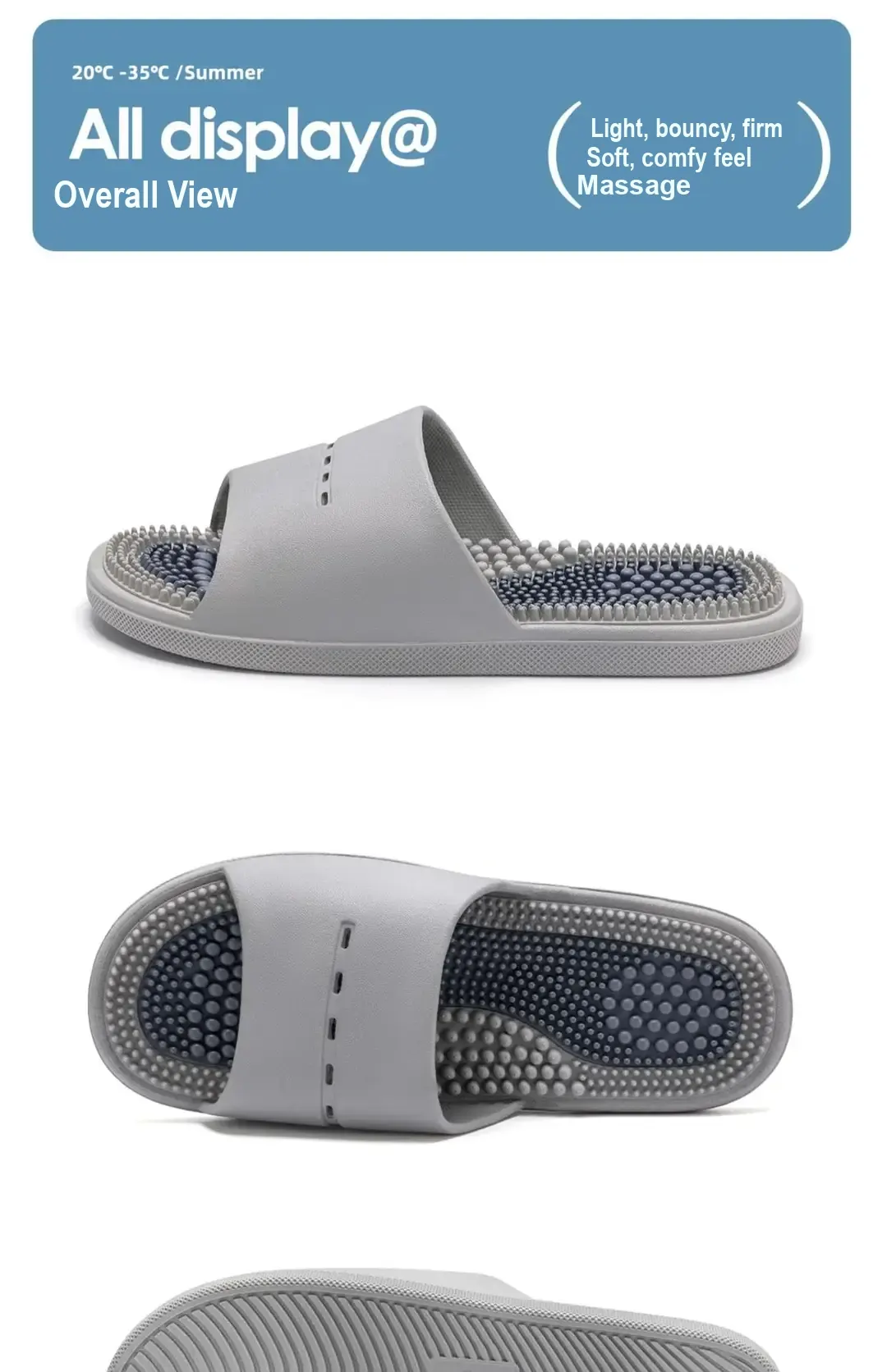Grey slipper shown from side, top and outsole views.