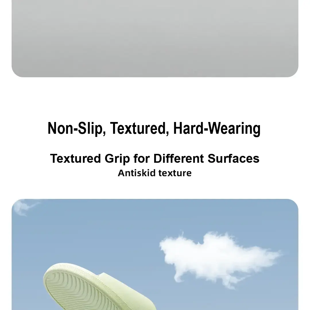 Partial view of a pale green slipper sole beneath text describing tread texture.