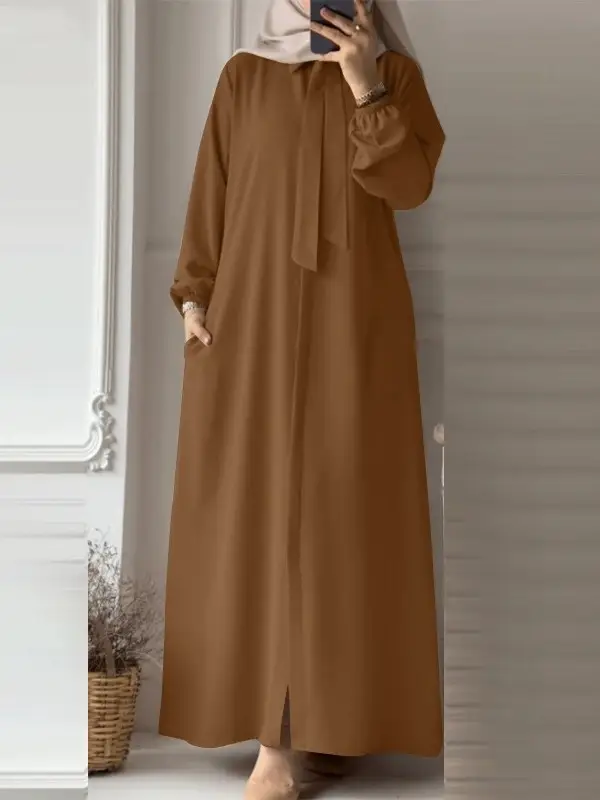 In-Stock Women's Fashion Bow Tie Lapel Solid Color Long-Sleeve Shirt Sun Dress with Pockets Loose Cardigan Long Dress