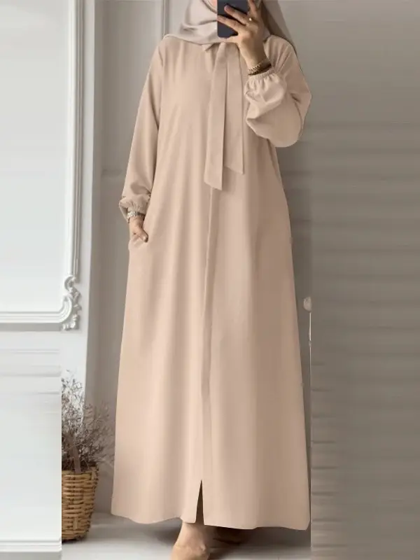 In-Stock Women's Fashion Bow Tie Lapel Solid Color Long-Sleeve Shirt Sun Dress with Pockets Loose Cardigan Long Dress