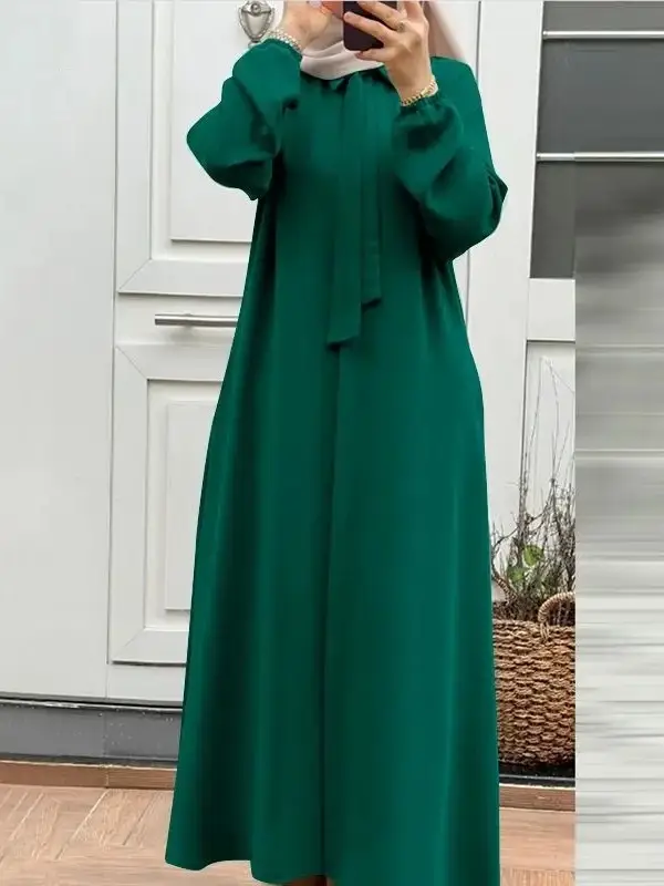 In-Stock Women's Fashion Bow Tie Lapel Solid Color Long-Sleeve Shirt Sun Dress with Pockets Loose Cardigan Long Dress