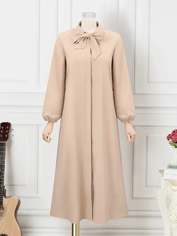 In-Stock Women's Fashion Bow Tie Lapel Solid Color Long-Sleeve Shirt Sun Dress with Pockets Loose Cardigan Long Dress