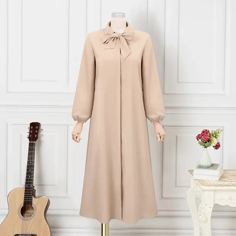 In-Stock Women's Fashion Bow Tie Lapel Solid Color Long-Sleeve Shirt Sun Dress with Pockets Loose Cardigan Long Dress — feature 10