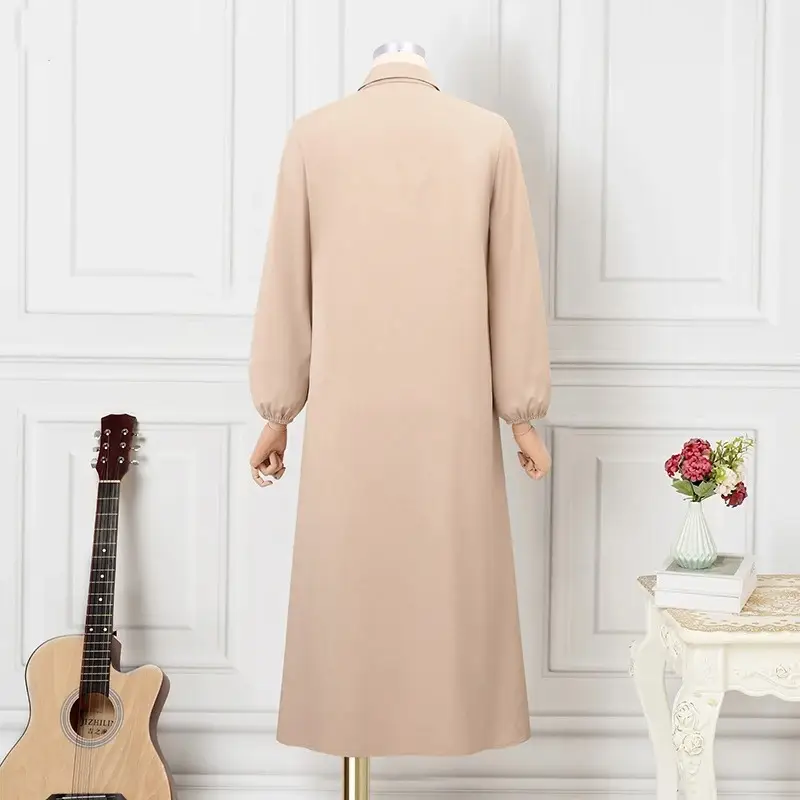 In-Stock Women's Fashion Bow Tie Lapel Solid Color Long-Sleeve Shirt Sun Dress with Pockets Loose Cardigan Long Dress — feature 11