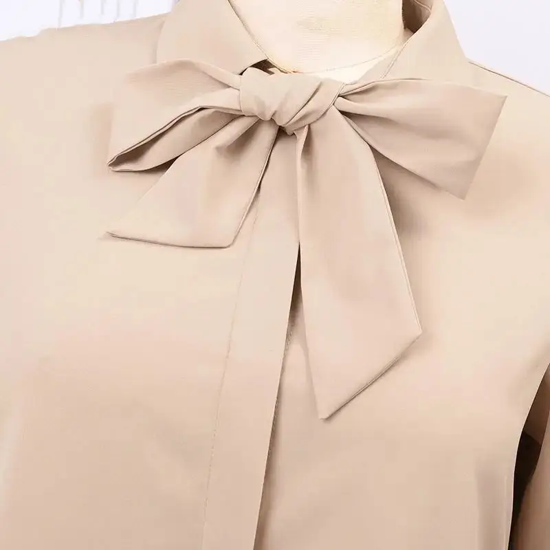 In-Stock Women's Fashion Bow Tie Lapel Solid Color Long-Sleeve Shirt Sun Dress with Pockets Loose Cardigan Long Dress — feature 12