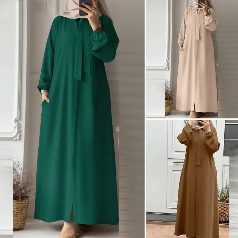 In-Stock Women's Fashion Bow Tie Lapel Solid Color Long-Sleeve Shirt Sun Dress with Pockets Loose Cardigan Long Dress — feature 5