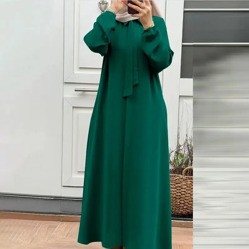 In-Stock Women's Fashion Bow Tie Lapel Solid Color Long-Sleeve Shirt Sun Dress with Pockets Loose Cardigan Long Dress — feature 6